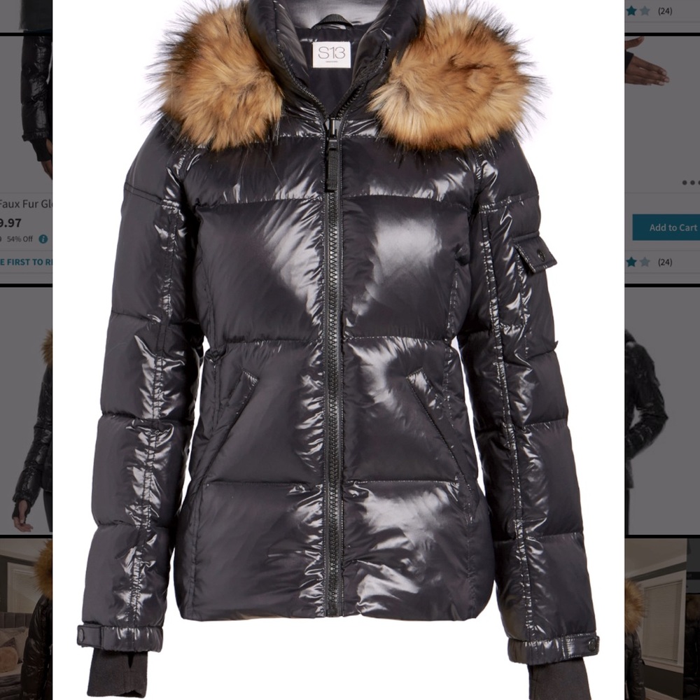 S13 Faux Fur Glossy Down Puffer Jacket Black Sz XL